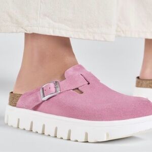 Birkenstock Pink Suede Slip-On Clog with Buckle and Thick White Sole